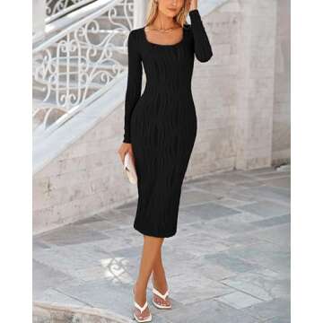 PRETTYGARDEN Women's Dress 2025 Fall Long Sleeve Square Neck Fitted Knit Midi Party Club Slit Bodycon Dresses(Black,Small)