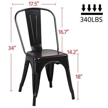 Yaheetech Iron Metal Dining Chairs Stackable Side Chairs Tolix Bar Chairs with Back Indoor/Outdoor Classic/Chic/Industrial/Vintage Bistro Café Trattoria Kitchen Restaurant Patio Black, Set of 4
