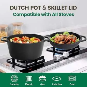 Chef Power 2-in-1 Cast Iron Dutch Oven with Skillet Lid, 5QT Camping Dutch Oven Pot with Lid for Bread, Frying, Baking, Roasting, Cooking, BBQ – Versatile Cast Iron Cookware