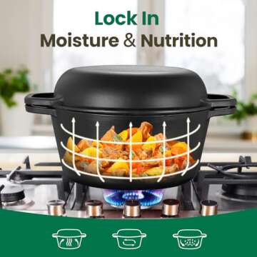 Chef Power 2-in-1 Cast Iron Dutch Oven with Skillet Lid, 5QT Camping Dutch Oven Pot with Lid for Bread, Frying, Baking, Roasting, Cooking, BBQ – Versatile Cast Iron Cookware