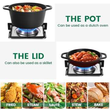 Chef Power 2-in-1 Cast Iron Dutch Oven with Skillet Lid, 5QT Camping Dutch Oven Pot with Lid for Bread, Frying, Baking, Roasting, Cooking, BBQ – Versatile Cast Iron Cookware