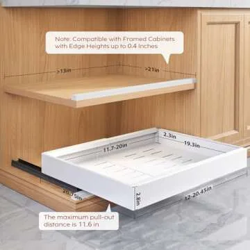 Seinloes 2 Pack Pull Out Cabinet Organizers 21"Deep With Raising Pad for Framed Cabinets,Expandable Slide Out Drawers Upgrade 3 Slide Rails,Roll Out Shelves Adhesive,Adjustable Width 12"-20.45" White