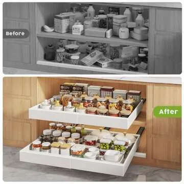 Seinloes 2 Pack Pull Out Cabinet Organizers 21"Deep With Raising Pad for Framed Cabinets,Expandable Slide Out Drawers Upgrade 3 Slide Rails,Roll Out Shelves Adhesive,Adjustable Width 12"-20.45" White