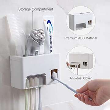 Toothpaste Dispenser Toothbrush Holder Set,3-in-1 Wall Mounted Toothbrush Holder Toothpaste Squeezer with Storage Grids Set Wall Mounted Bathroom