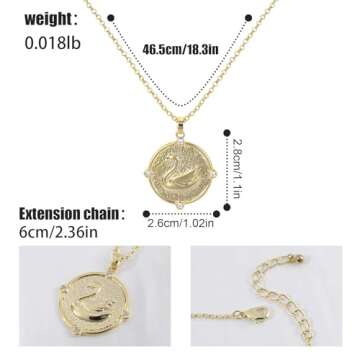 Gold Swan Pendant Necklace for Women 14K Gold Plated Round Swan Choker Necklace Gold Swan Charm Anim...