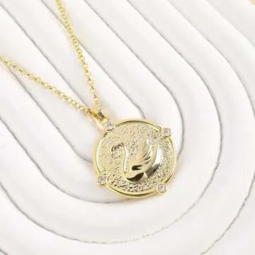 Gold Swan Pendant Necklace for Women 14K Gold Plated Round Swan Choker Necklace Gold Swan Charm Animal Coin Necklace with CZ Adjustable Chain Summer Beach Vacation Jewelry Gift for Women