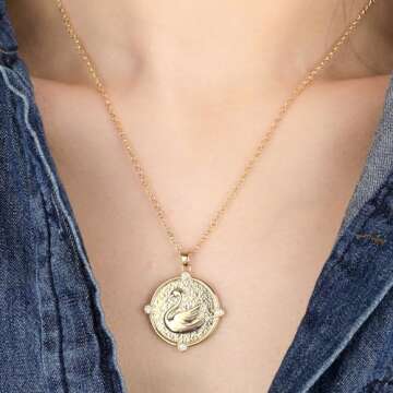 Gold Swan Pendant Necklace for Women 14K Gold Plated Round Swan Choker Necklace Gold Swan Charm Animal Coin Necklace with CZ Adjustable Chain Summer Beach Vacation Jewelry Gift for Women