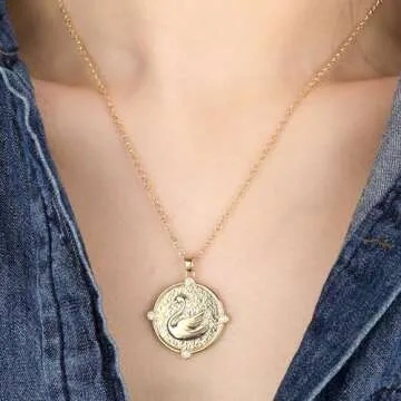 Gold Swan Pendant Necklace for Women 14K Gold Plated Round Swan Choker Necklace Gold Swan Charm Animal Coin Necklace with CZ Adjustable Chain Summer Beach Vacation Jewelry Gift for Women