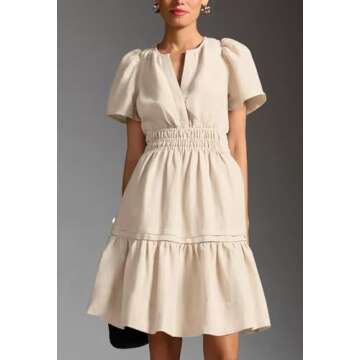 Duigluw Women Summer Casual Dress V Neck Short Sleeve Swing Tunic Dress A Line Beach Mini Ruffle Dre...