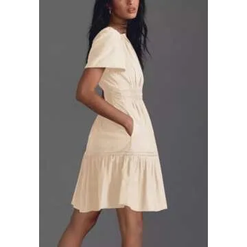 Duigluw Women Summer Casual Dress V Neck Short Sleeve Swing Tunic Dress A Line Beach Mini Ruffle Dresses Lvory M