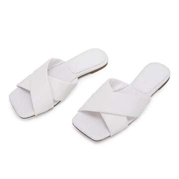 Ermonn Women’s Square Open Toe Flat Sandals Backless Slip On Slides Cross Band Summer Slippers White Size 7.5