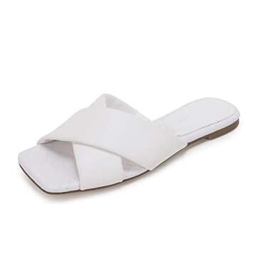 Ermonn Women’s Square Open Toe Flat Sandals Backless Slip On Slides Cross Band Summer Slippers White Size 7.5