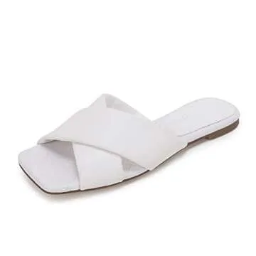 Ermonn Women’s Square Open Toe Flat Sandals Backless Slip On Slides Cross Band Summer Slippers White Size 7.5