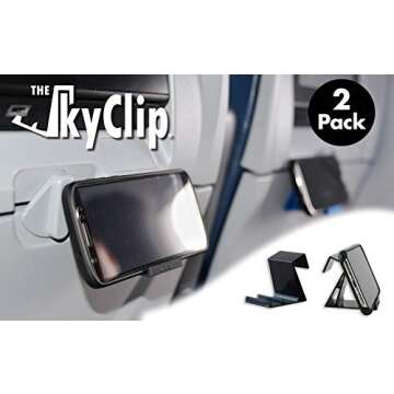 The SkyClip Airplane Cell Phone Back of Seat Inflight Tray Table Clip and Sturdy Phone Stand, Compatible with iPhone, Android, Tablets, and Readers, Travel Must Have (Black 2 Pack)