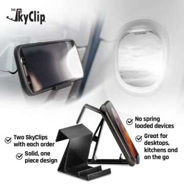 The SkyClip Airplane Cell Phone Back of Seat Inflight Tray Table Clip and Sturdy Phone Stand, Compatible with iPhone, Android, Tablets, and Readers, Travel Must Have (Black 2 Pack)