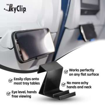The SkyClip Airplane Cell Phone Back of Seat Inflight Tray Table Clip and Sturdy Phone Stand, Compatible with iPhone, Android, Tablets, and Readers, Travel Must Have (Black 2 Pack)