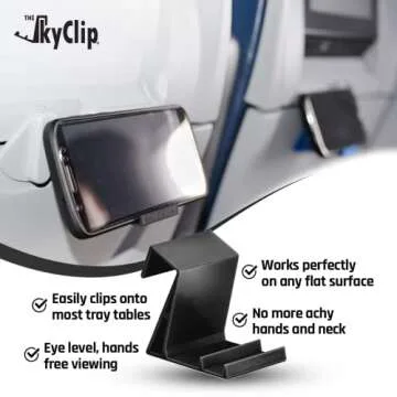 The SkyClip Airplane Cell Phone Back of Seat Inflight Tray Table Clip and Sturdy Phone Stand, Compatible with iPhone, Android, Tablets, and Readers, Travel Must Have (Black 2 Pack)