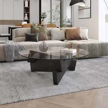 Coffee Table, Round Coffee Table for Living Room Modern Glass Coffee Table with Solid Wood Legs Farmhouse Mid Century Center Table Large Circle Cocktail Table