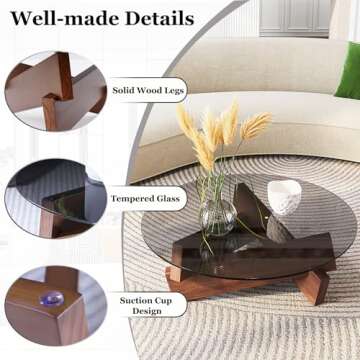 Coffee Table, Round Coffee Table for Living Room Modern Glass Coffee Table with Solid Wood Legs Farmhouse Mid Century Center Table Large Circle Cocktail Table