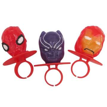 Imaginings 3 Marvel Lollipop Rings Individually Wrapped Candy Spider-Man Iron Man Black Panther Character Shaped Suckers 18 Count