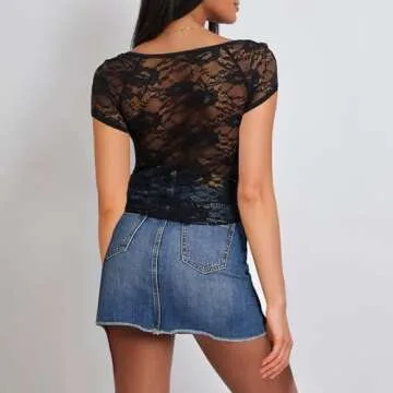 Women Short Sleeve Lace Top Going Out Low Cut Shirt Y2K Summer Lace Trim Crop Top(C-Low Cut Lace Shirt Black,S)