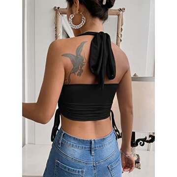 OYOANGLE Women's Solid Drawstring Ruched Tie Backless Slim Fit Halter Crop Top Black XS