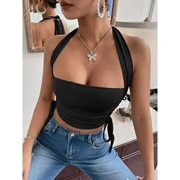 OYOANGLE Women's Solid Drawstring Ruched Tie Backless Slim Fit Halter Crop Top Black XS