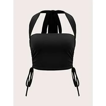 OYOANGLE Women's Solid Drawstring Ruched Tie Backless Slim Fit Halter Crop Top Black XS