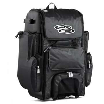 Boombah Rolling Superpack Baseball/Softball Gear Bag - 23-1/2" x 13-1/2" x 9-1/2" - Black - Telescopic Handle - Holds 4 Bats - Wheeled Version