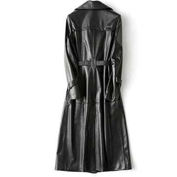 JILDISH Women's Fine Grain Leather Trench Coat - Ladies Black Lambskin Long Leather Over Coat with Belt (as1, alpha, xx_l, regular, regular, Black Faux Leather)