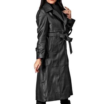 JILDISH Women's Fine Grain Leather Trench Coat - Ladies Black Lambskin Long Leather Over Coat with Belt (as1, alpha, xx_l, regular, regular, Black Faux Leather)