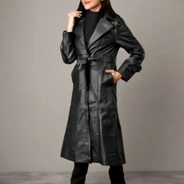 JILDISH Women's Fine Grain Leather Trench Coat - Ladies Black Lambskin Long Leather Over Coat with Belt (as1, alpha, xx_l, regular, regular, Black Faux Leather)