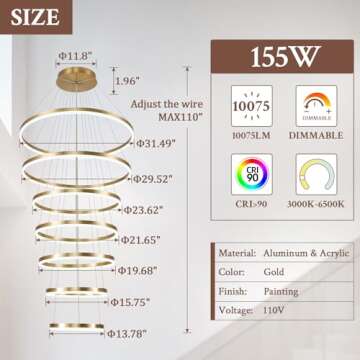 Sparklelf 7-Rings D31.5’’ Modern LED Chandelier Gold Dimmable Chandeliers for Foyer, High Ceiling Chandelier with Remote Control for Entryway Living Room Dining Room Staircase, 3000K-6500K