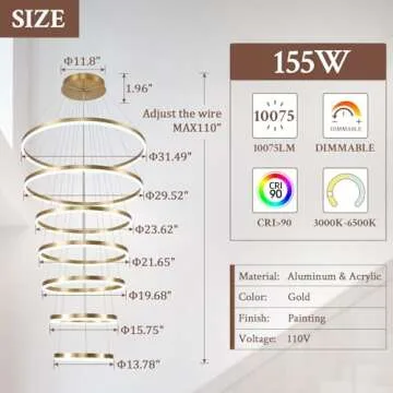 Sparklelf 7-Rings D31.5’’ Modern LED Chandelier Gold Dimmable Chandeliers for Foyer, High Ceiling Chandelier with Remote Control for Entryway Living Room Dining Room Staircase, 3000K-6500K
