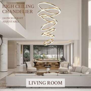 Sparklelf 7-Rings D31.5’’ Modern LED Chandelier Gold Dimmable Chandeliers for Foyer, High Ceiling Chandelier with Remote Control for Entryway Living Room Dining Room Staircase, 3000K-6500K