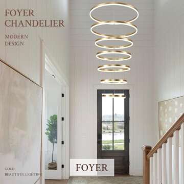 Sparklelf 7-Rings D31.5’’ Modern LED Chandelier Gold Dimmable Chandeliers for Foyer, High Ceiling Chandelier with Remote Control for Entryway Living Room Dining Room Staircase, 3000K-6500K
