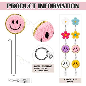Fumete 8 Pcs Nurse Badge Reel Retractable Felt Flower Badge Holder Smile Face Name ID Accessories with 360 Degree Swivel Alligator Clip for Nurses Teacher Student Holiday Gifts