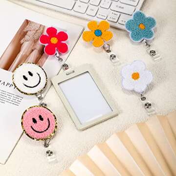 Fumete 8 Pcs Nurse Badge Reel Retractable Felt Flower Badge Holder Smile Face Name ID Accessories with 360 Degree Swivel Alligator Clip for Nurses Teacher Student Holiday Gifts
