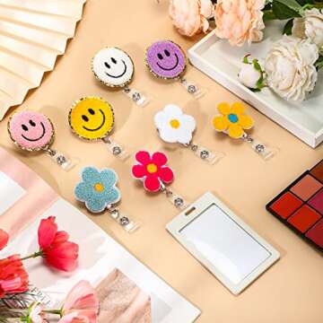 Fumete 8 Pcs Nurse Badge Reel Retractable Felt Flower Badge Holder Smile Face Name ID Accessories with 360 Degree Swivel Alligator Clip for Nurses Teacher Student Holiday Gifts