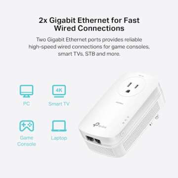 TP-Link AV2000 Powerline Adapter - 2 Gigabit Ports, Ethernet Over Power, Plug&Play, Power Saving, 2x2 MIMO, Noise Filtering, Extra Socket for other Devices, Ideal for Gaming (TL-PA9020P KIT)