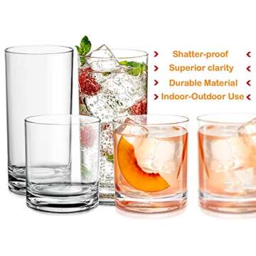 Le'raze Elegant Acrylic Drinking Glasses [Set of 16] Attractive Clear Plastic Tumblers - Unbreakable Drinkware Set Ideal for Indoor and Outdoor - Kid Friendly