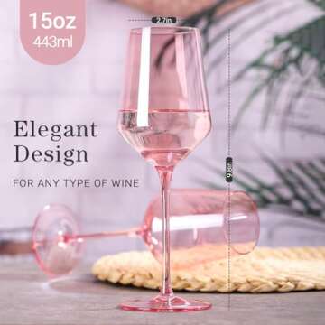 Physkoa Pink Wine Glasses Set 6-15oz Crystal Blush Pink Wine Glasses With Long Stem and Thin Rim,Per...