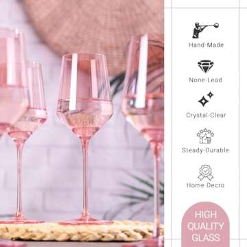 Physkoa Pink Wine Glasses Set 6-15oz Crystal Blush Pink Wine Glasses With Long Stem and Thin Rim,Perfect Pink Colored Wine Stemware for Wine Lover in Wedding,Bridal Shower