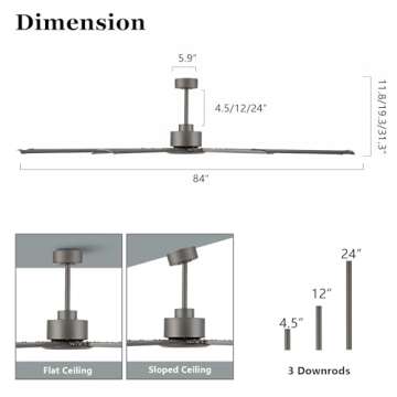 LEDLUX 84" Ceiling Fan no Light, Reversible DC Motor, 6 Speed Remote Control, Industrial 9 Aluminum Blades with 4.5"/12"/24" Downrods for Home or Commercial, Living Room/Warehouse Charcoal Grey