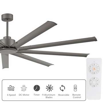 LEDLUX 84" Ceiling Fan no Light, Reversible DC Motor, 6 Speed Remote Control, Industrial 9 Aluminum Blades with 4.5"/12"/24" Downrods for Home or Commercial, Living Room/Warehouse Charcoal Grey