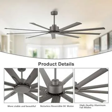 LEDLUX 84" Ceiling Fan no Light, Reversible DC Motor, 6 Speed Remote Control, Industrial 9 Aluminum Blades with 4.5"/12"/24" Downrods for Home or Commercial, Living Room/Warehouse Charcoal Grey