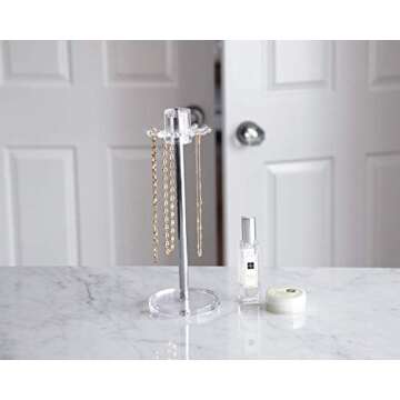 Isaac Jacobs Clear Acrylic Necklace Holder (12 Rotating Hooks) – Hanging Chain Organizer, Sleek & Sturdy Stand for Jewelry – Storage Solution- Bedroom- Bathroom - Countertop - Nightstand