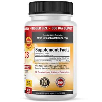 Vitamin D3 5000 IU (125 mcg) Natural Immune Support Supplement, Bone Strength, Healthy Muscle Function, with Olive Oil for Highest Absorption, Gluten Free & Non-GMO, 1 Year Supply, 360 Softgels