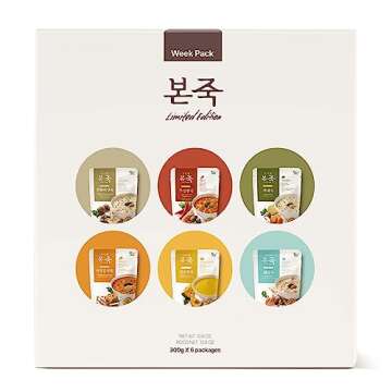 [Week Pack] BONJUK Rice Porridge, 6-Day Meal Kit – Pack of 6 Flavors (10.6oz each) – Abalone & Mushroom, Spicy Jjamppong Seafood, Vegetable, Octopus & Kimchi, Sweet Pumpkin, Seafood