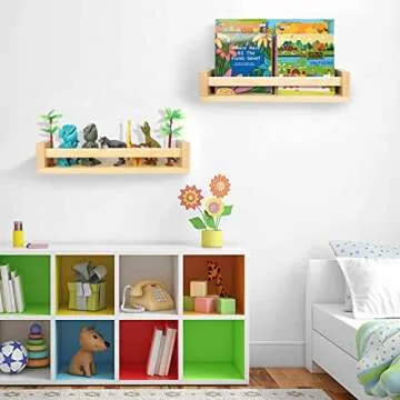 Nursery Book Shelves 4 Set of Floating Shelves for Kids Nursery Decor Bathroom Decor,Wall Shelves for Bedroom Kitchen Bathroom Office,Natural Pine Wood Shelves for Wall Storage Decor